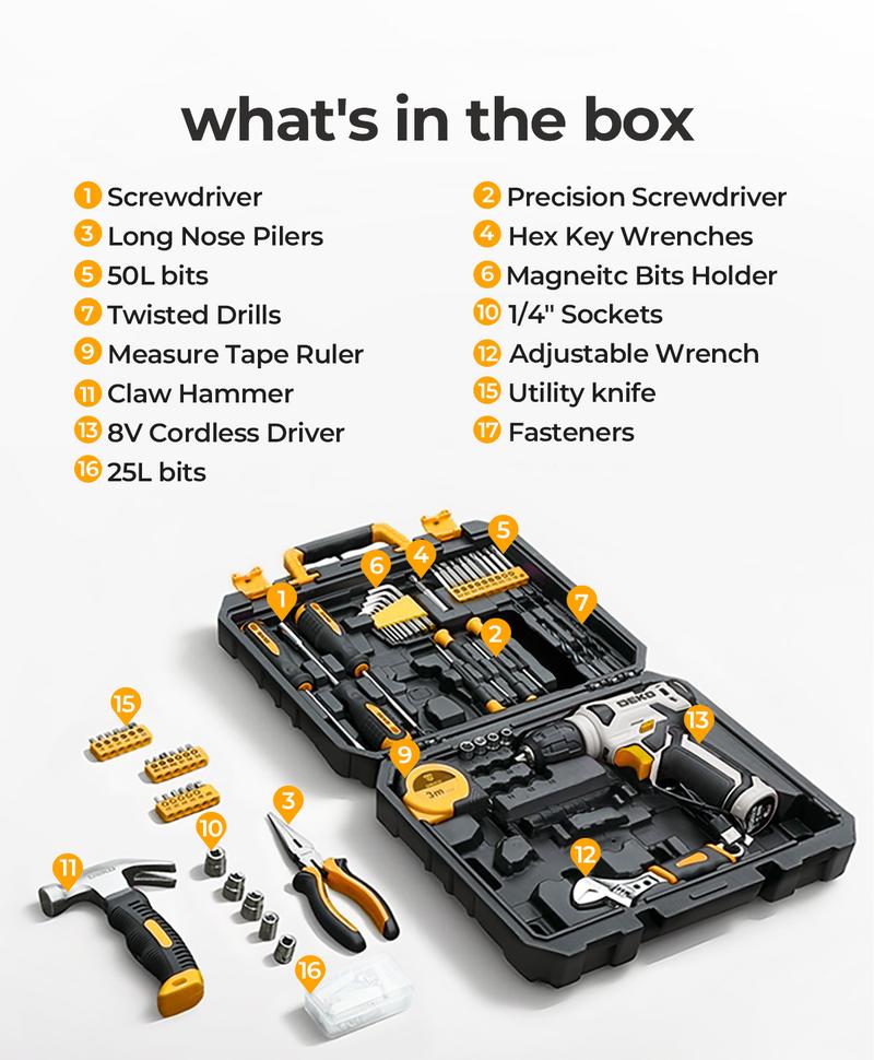 DEKOPRO 126-Piece 8V Cordless Drill Driver and  Tool Set, All-in-One Portable Repair Tool Kit, Professional Household Basic Hand Repair Tool Set