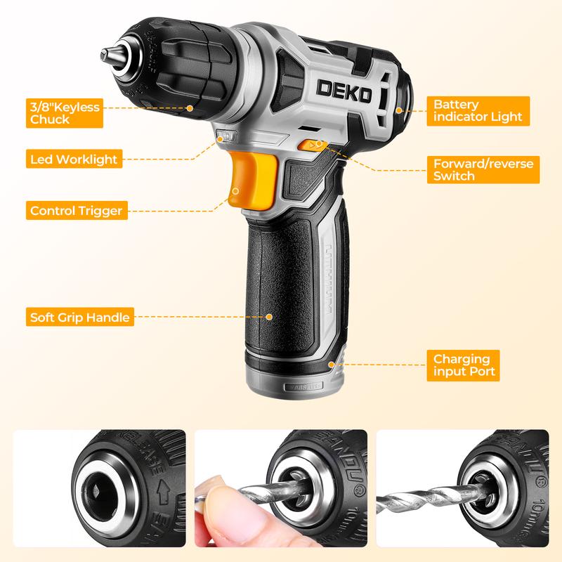 DEKOPRO 126-Piece 8V Cordless Drill Driver and  Tool Set, All-in-One Portable Repair Tool Kit, Professional Household Basic Hand Repair Tool Set