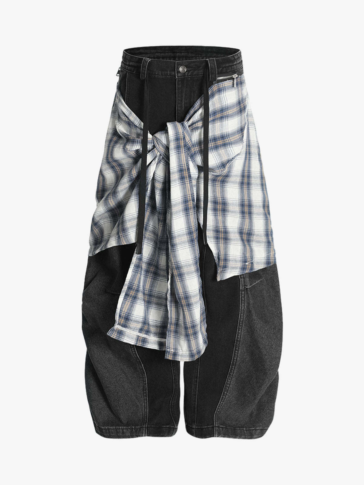 Faux Two-piece Plaid Detachable Scimitar Jeans