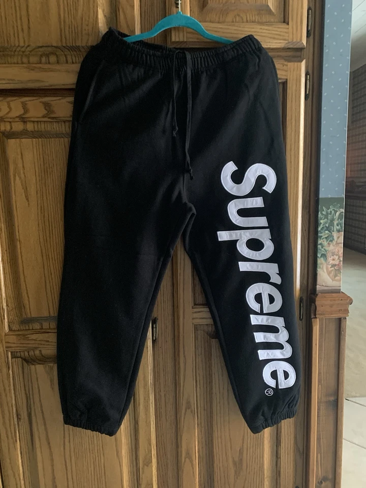 Supreme Satin Applique Sweatpant Black White Men's large L Size Pants Pant