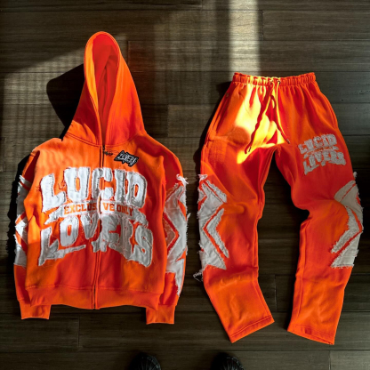 Personalized retro patch zipper hoodie set