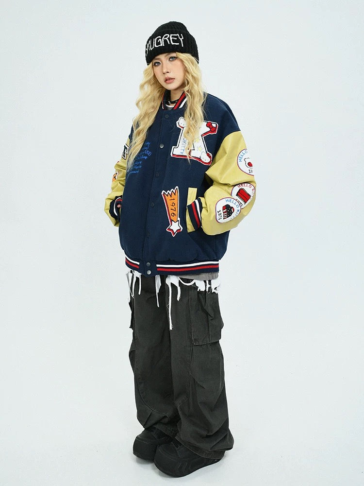 Varsity Jacket Baseball Bomber Jacket Vintage Unisex Streetwear Coats with Patchwork Hipster Utility Tops