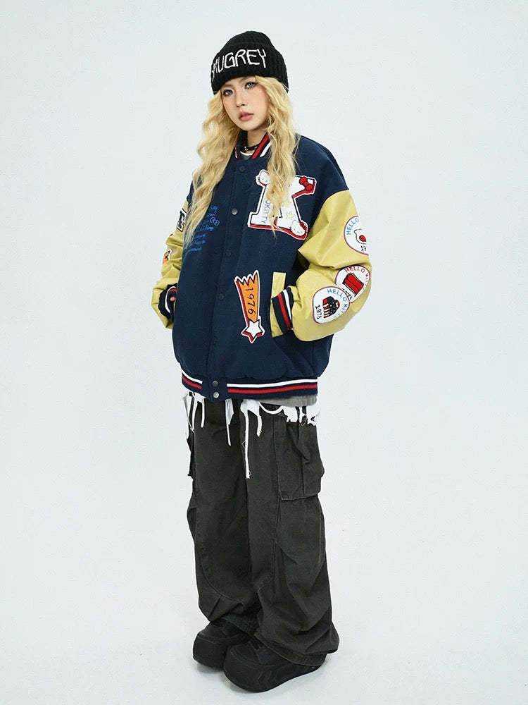 Varsity Jacket Baseball Bomber Jacket Vintage Unisex Streetwear Coats with Patchwork Hipster Utility Tops