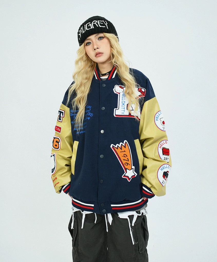 Varsity Jacket Baseball Bomber Jacket Vintage Unisex Streetwear Coats with Patchwork Hipster Utility Tops