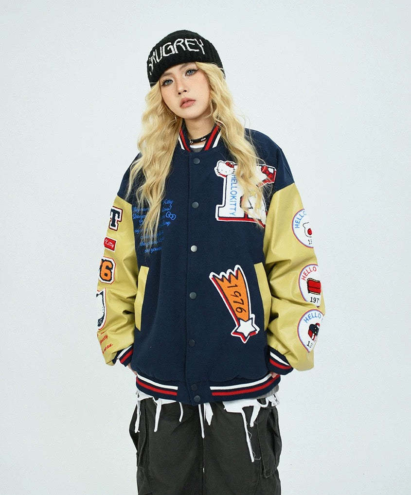 Varsity Jacket Baseball Bomber Jacket Vintage Unisex Streetwear Coats with Patchwork Hipster Utility Tops