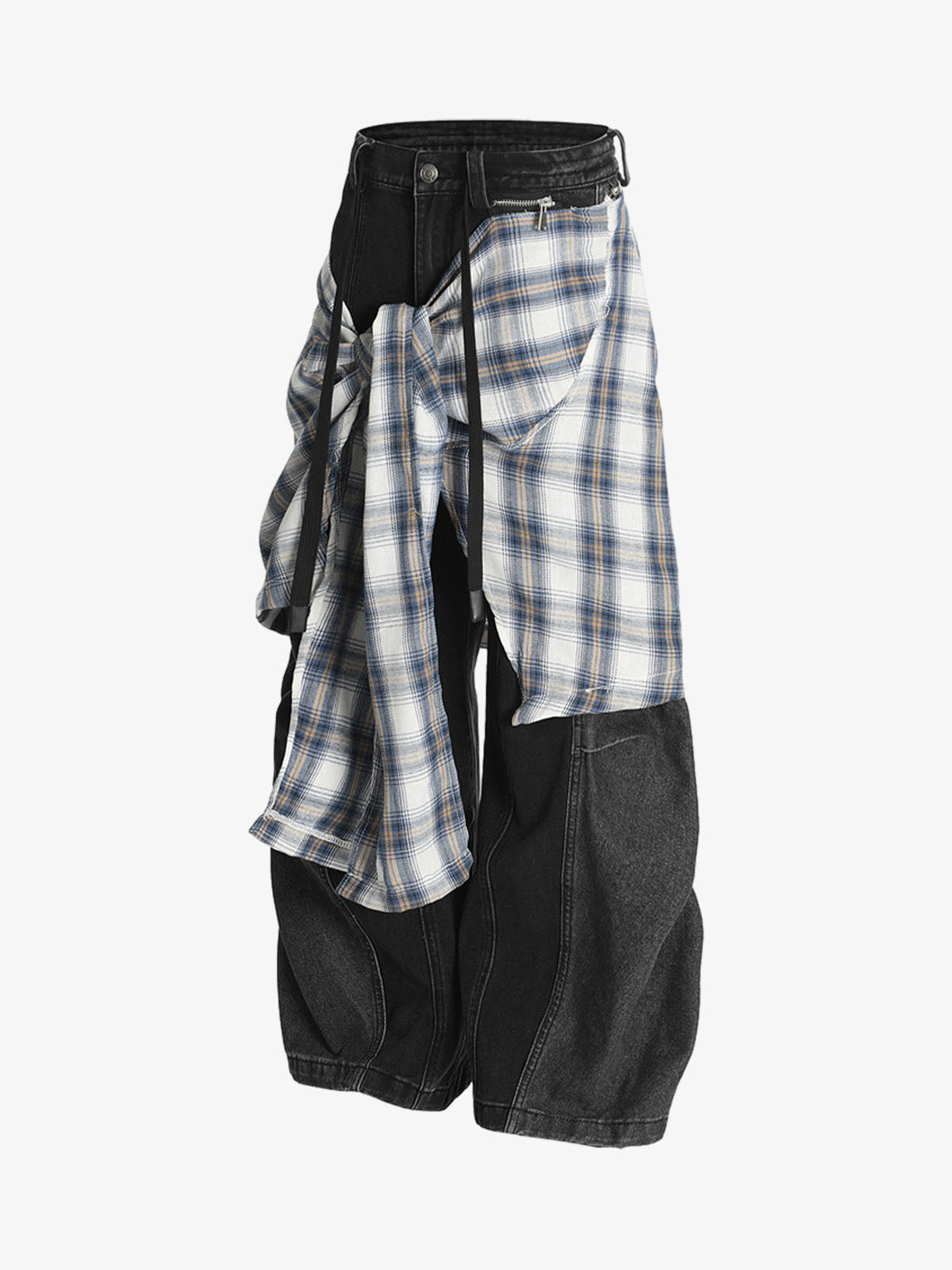 Faux Two-piece Plaid Detachable Scimitar Jeans