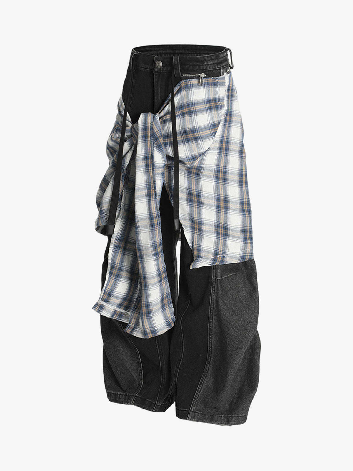 Faux Two-piece Plaid Detachable Scimitar Jeans