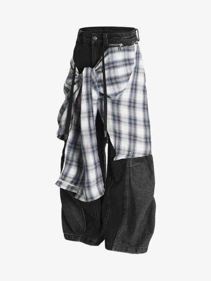 Faux Two-piece Plaid Detachable Scimitar Jeans