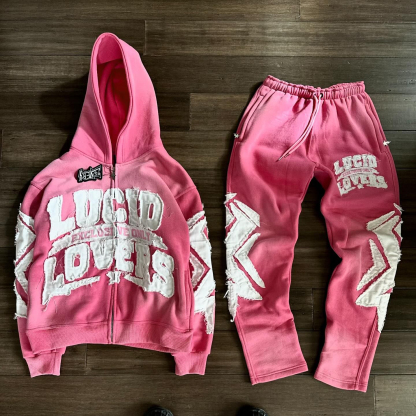 Personalized retro patch zipper hoodie set