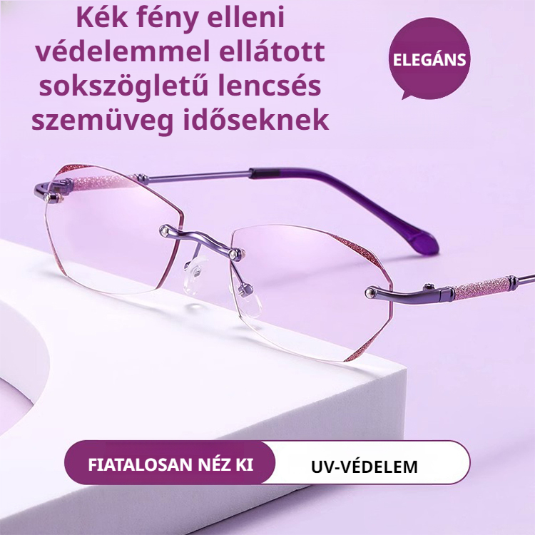 Gyémántcsiszolt, keret nélküli, kék fényt blokkoló olvasószemüveg