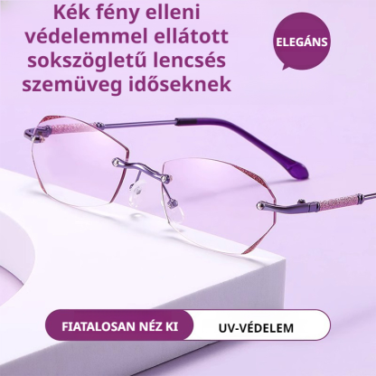 Gyémántcsiszolt, keret nélküli, kék fényt blokkoló olvasószemüveg