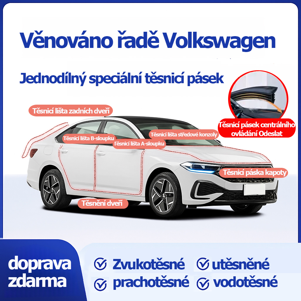 Těsnicí lišty pro vozy Volkswagen a Toyota, přední sklo Passat, Magotan, Tayron, Tiguan L, zvukově izolační lišty středové konzoly, B-sloupek a všechny dveře; úpravy k dispozici pro všechny modely.