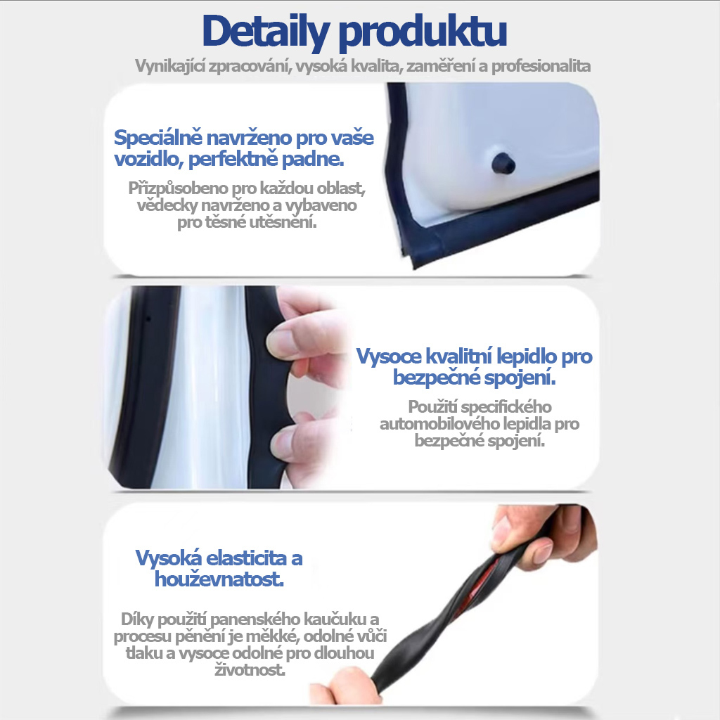 Těsnicí lišty pro vozy Volkswagen a Toyota, přední sklo Passat, Magotan, Tayron, Tiguan L, zvukově izolační lišty středové konzoly, B-sloupek a všechny dveře; úpravy k dispozici pro všechny modely.