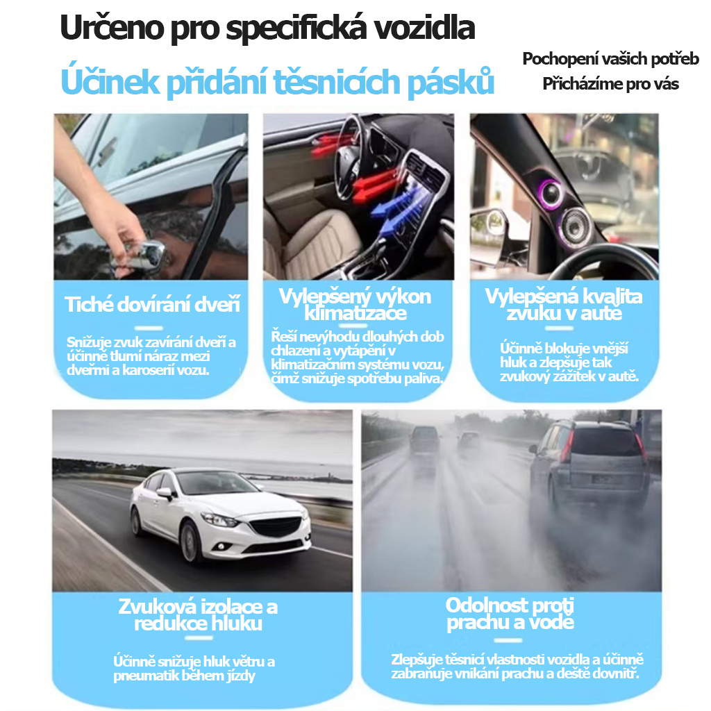 Těsnicí lišty pro vozy Volkswagen a Toyota, přední sklo Passat, Magotan, Tayron, Tiguan L, zvukově izolační lišty středové konzoly, B-sloupek a všechny dveře; úpravy k dispozici pro všechny modely.