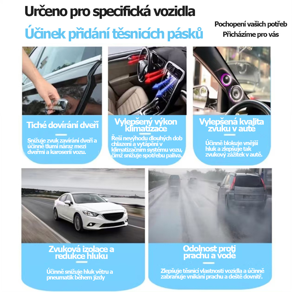 Těsnicí lišty pro vozy Volkswagen a Toyota, přední sklo Passat, Magotan, Tayron, Tiguan L, zvukově izolační lišty středové konzoly, B-sloupek a všechny dveře; úpravy k dispozici pro všechny modely.
