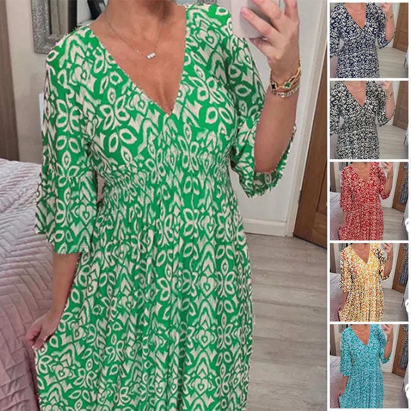 Printed dress with V-neck and wide sleeves👗🔥