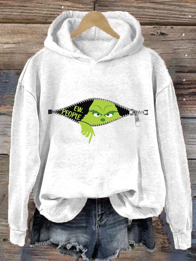 Women's Ew People Grinch Christmas Print Hooded Sweatshirt