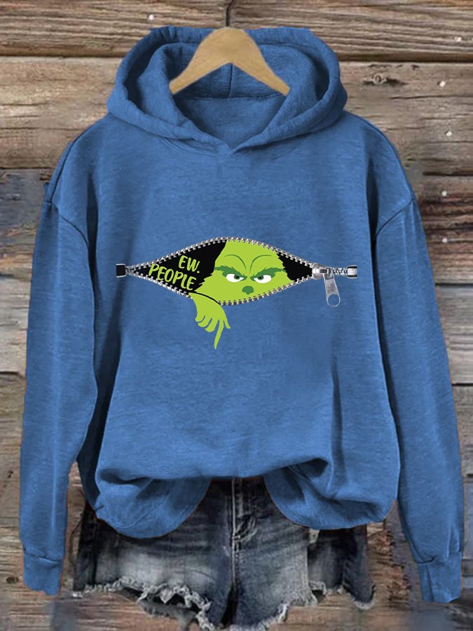 Women's Ew People Grinch Christmas Print Hooded Sweatshirt