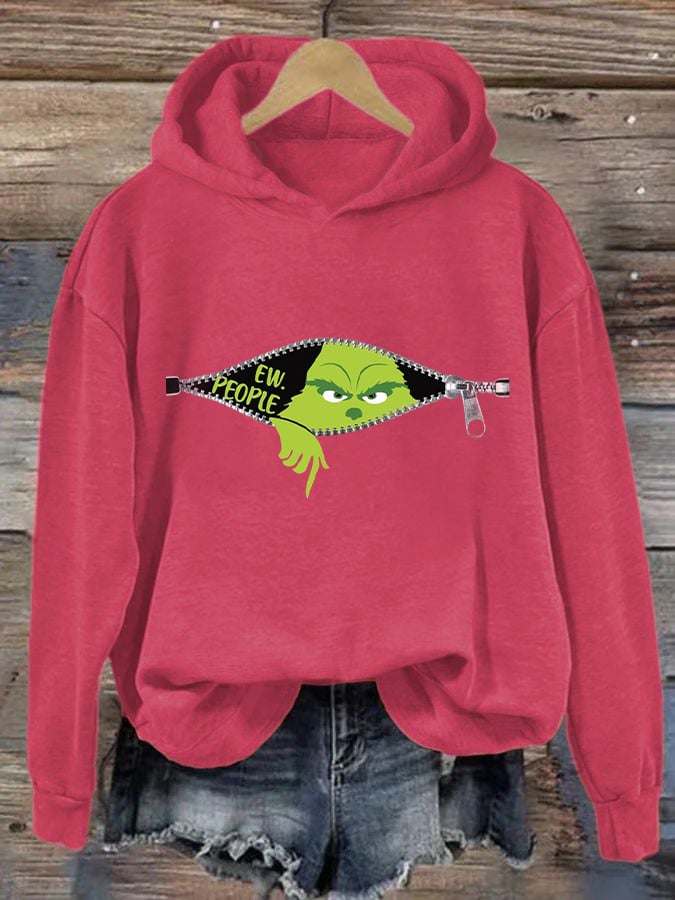 Women's Ew People Grinch Christmas Print Hooded Sweatshirt