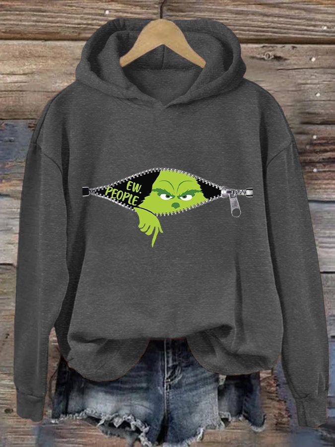Women's Ew People Grinch Christmas Print Hooded Sweatshirt