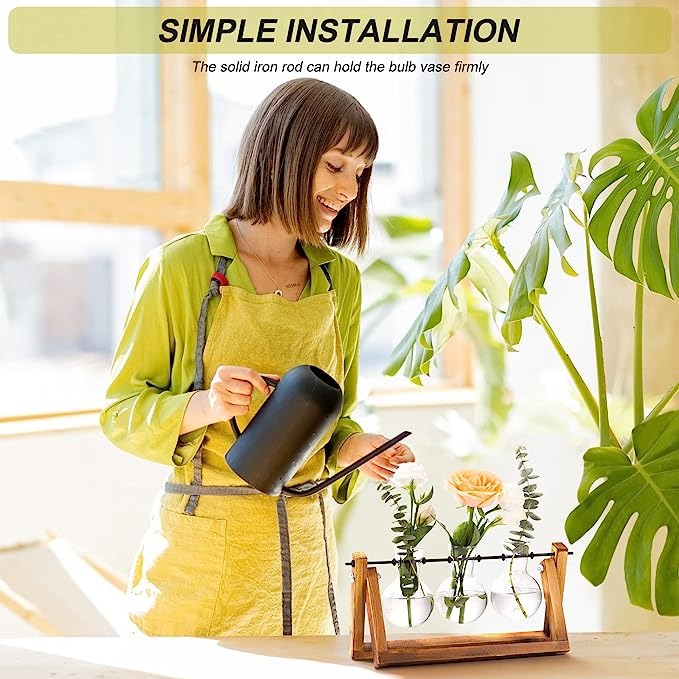 Air Planter Bulb Glass Vase Metal Swivel Holder Retro Tabletop for Hydroponics Home Garden Office Decoration - 3 Bulb Vase