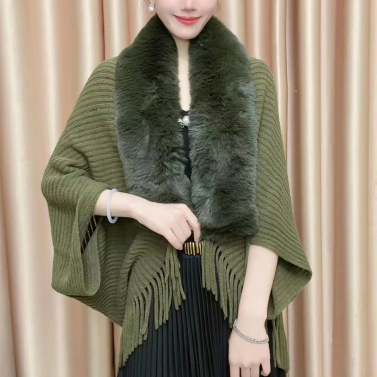 🔥BUY 2 SAVE 15%—Winter Knit Fringe Fur Collar Shawl