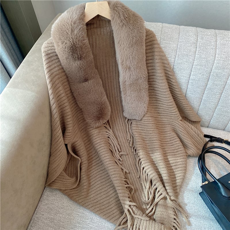 🔥BUY 2 SAVE 15%—Winter Knit Fringe Fur Collar Shawl