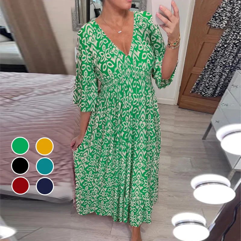 Printed dress with V-neck and wide sleeves👗🔥