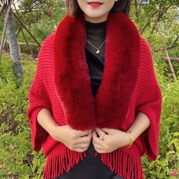 🔥BUY 2 SAVE 15%—Winter Knit Fringe Fur Collar Shawl