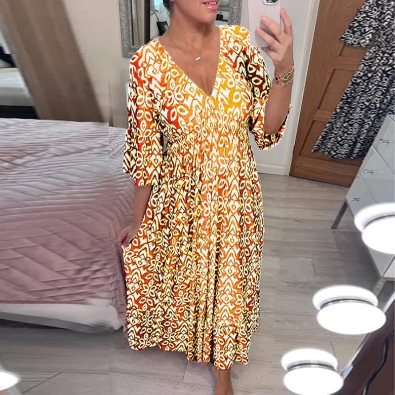 Printed dress with V-neck and wide sleeves👗🔥