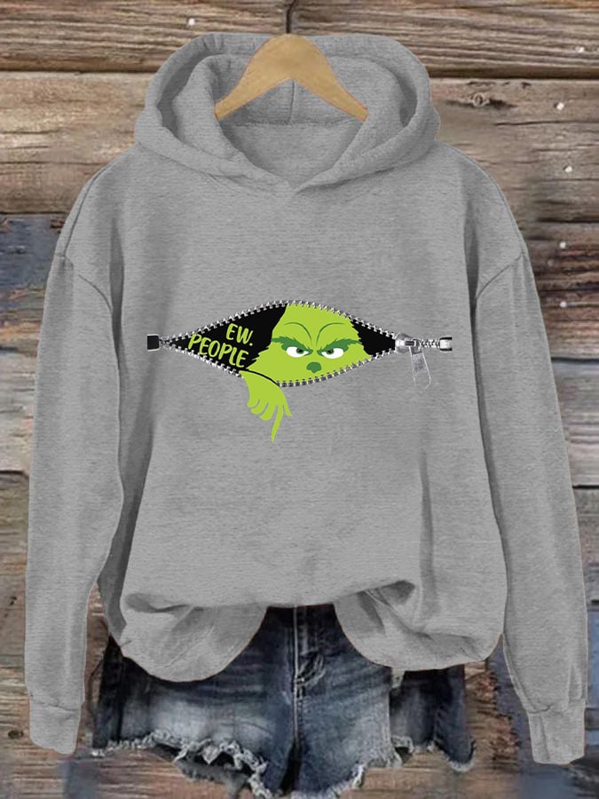 Women's Ew People Grinch Christmas Print Hooded Sweatshirt