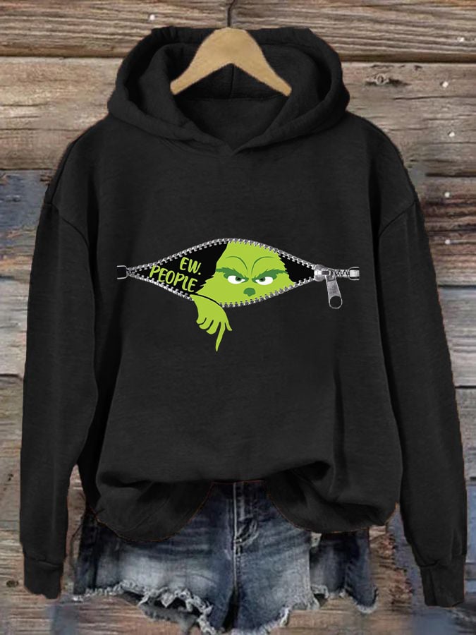 Women's Ew People Grinch Christmas Print Hooded Sweatshirt
