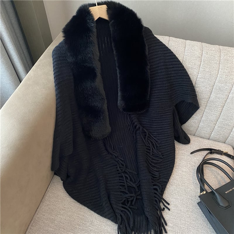 🔥BUY 2 SAVE 15%—Winter Knit Fringe Fur Collar Shawl