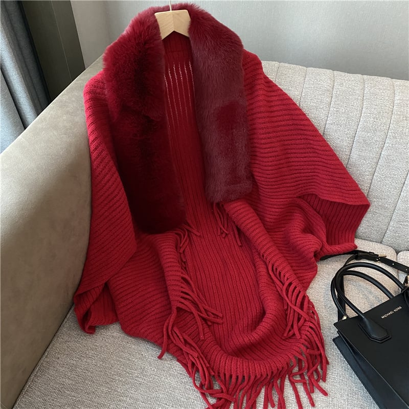 🔥BUY 2 SAVE 15%—Winter Knit Fringe Fur Collar Shawl