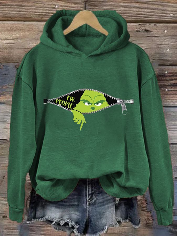 Women's Ew People Grinch Christmas Print Hooded Sweatshirt
