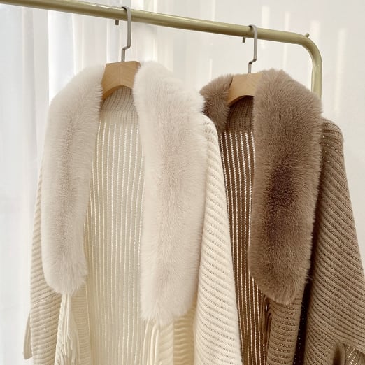 🔥BUY 2 SAVE 15%—Winter Knit Fringe Fur Collar Shawl