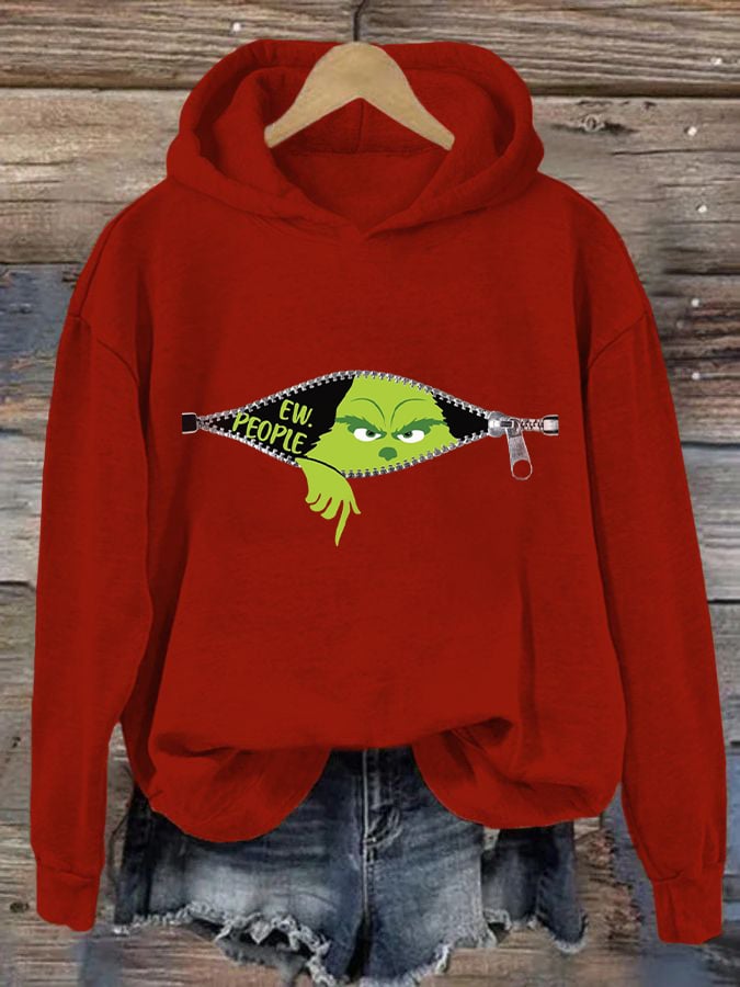 Women's Ew People Grinch Christmas Print Hooded Sweatshirt