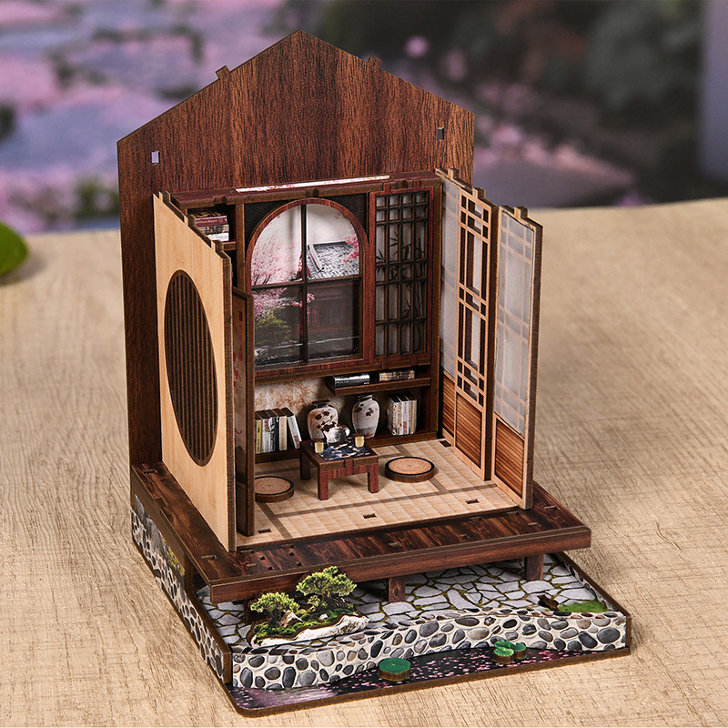 Cross-Border Custom DIY Small House Bookend Moss Lamp and Garden 3D Puzzle Handmade Assembly Model DIY Wooden Bookend