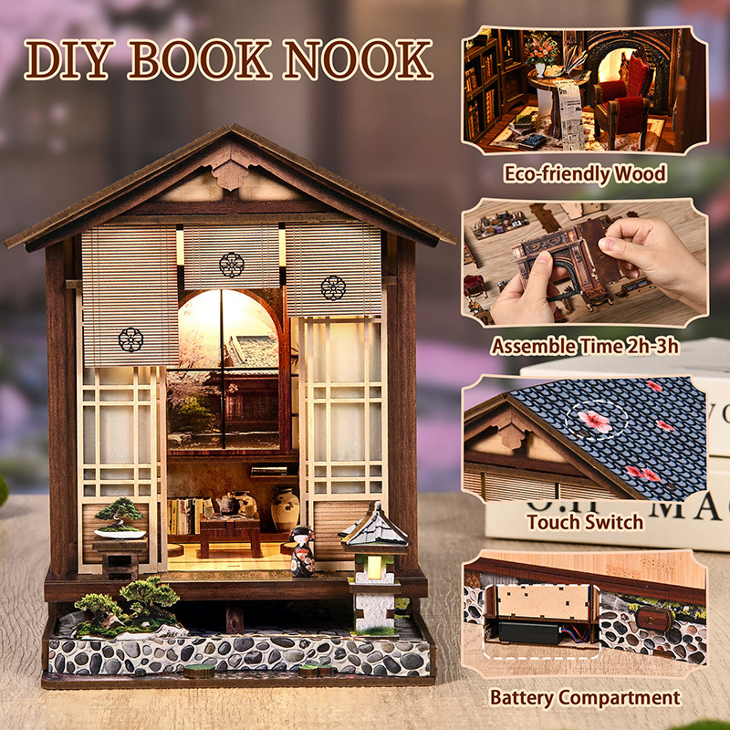Cross-Border Custom DIY Small House Bookend Moss Lamp and Garden 3D Puzzle Handmade Assembly Model DIY Wooden Bookend