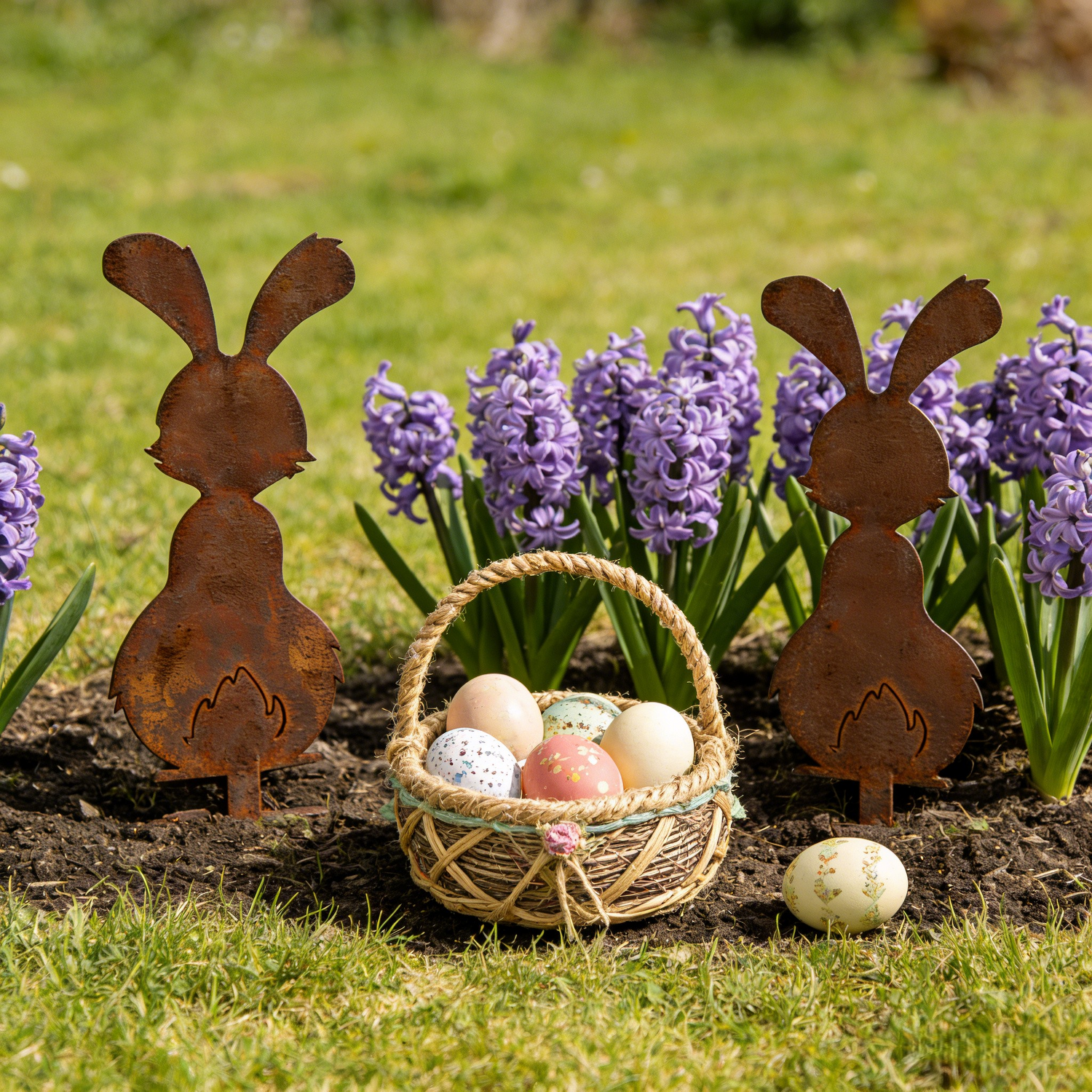 Set of 2 Rustic Metal Bunny Garden Stakes – Farmhouse Easter Yard Decor