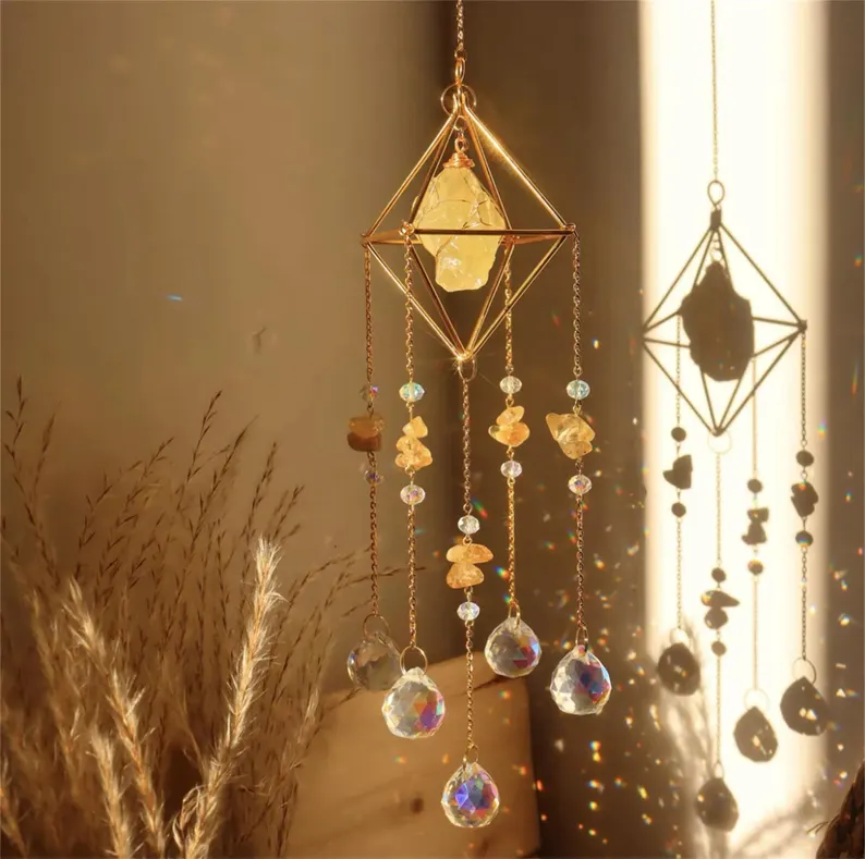 🌞💎 Raw Gemstone Rainbow Suncatcher – 🌈 Window & Garden Hanging Charm ✨ Boho Spiritual Decor