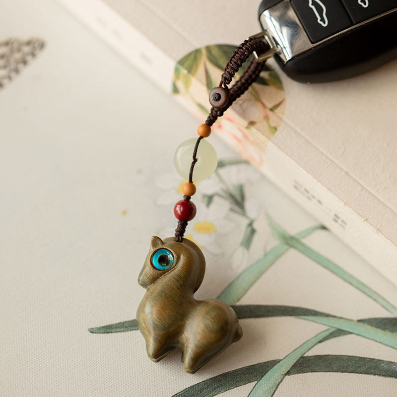 Buddha Stones Year of the Horse Small Leaf Red Sandalwood Green Sandalwood Ebony Wood Calm Key Chain