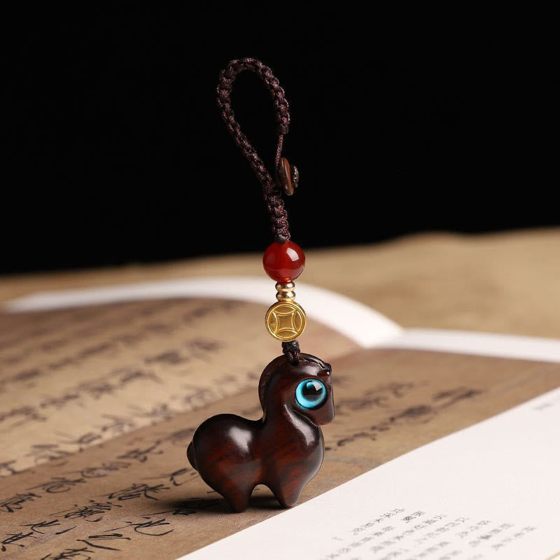 Buddha Stones Year of the Horse Small Leaf Red Sandalwood Green Sandalwood Ebony Wood Calm Key Chain