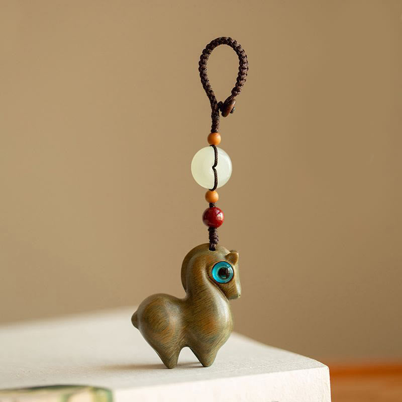Buddha Stones Year of the Horse Small Leaf Red Sandalwood Green Sandalwood Ebony Wood Calm Key Chain