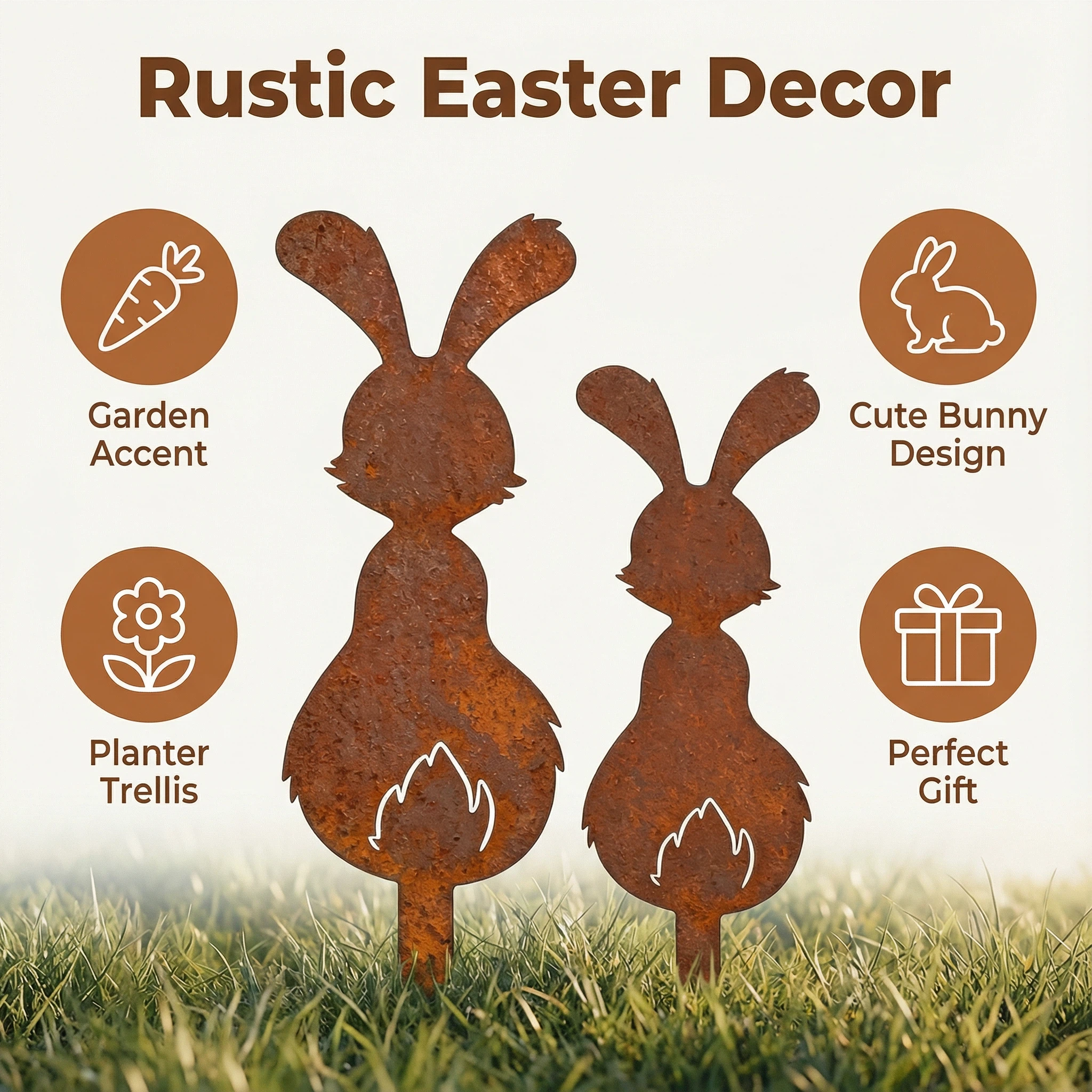 Set of 2 Rustic Metal Bunny Garden Stakes – Farmhouse Easter Yard Decor