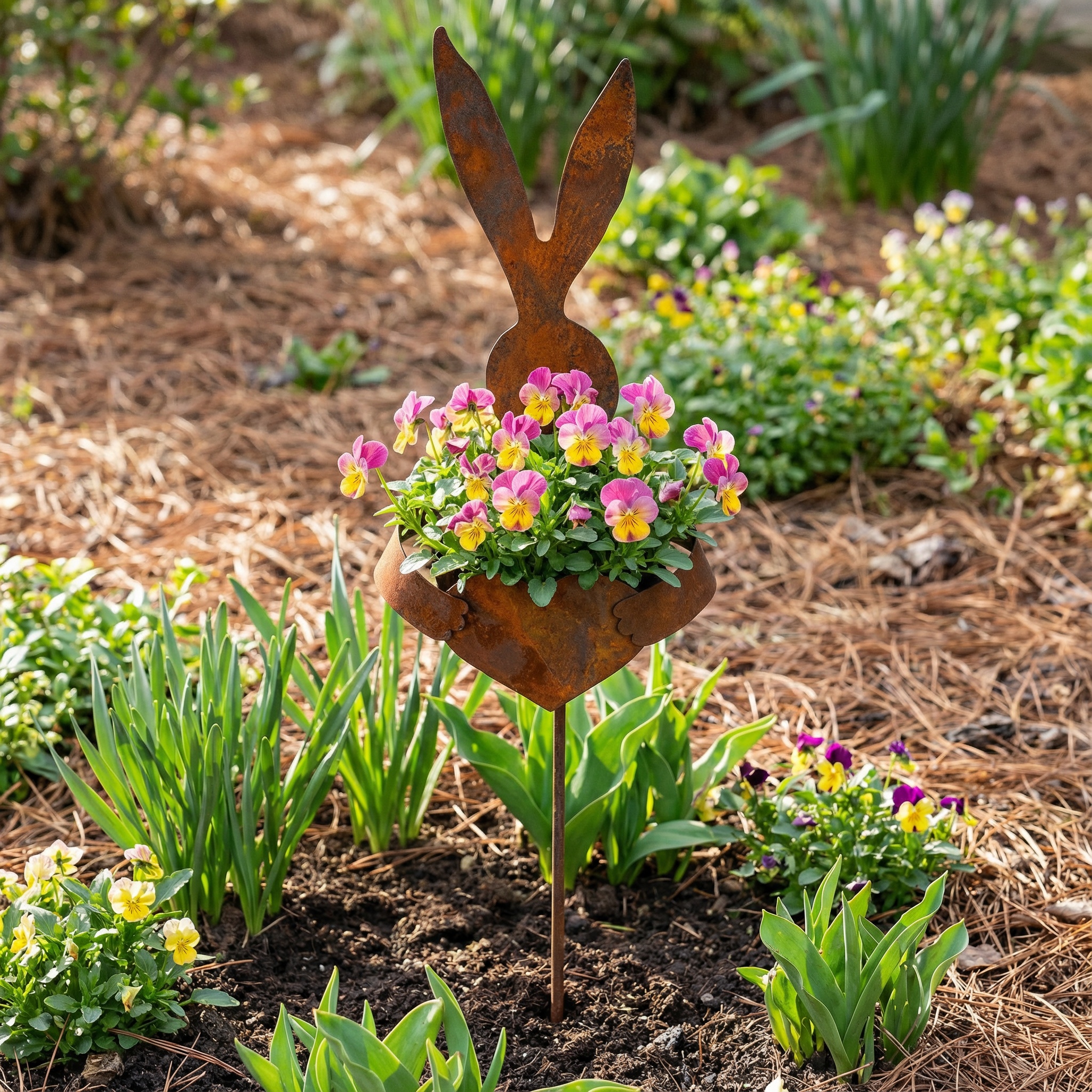 Easter Vintage Metal Rabbit Shaped Planter Garden Stake