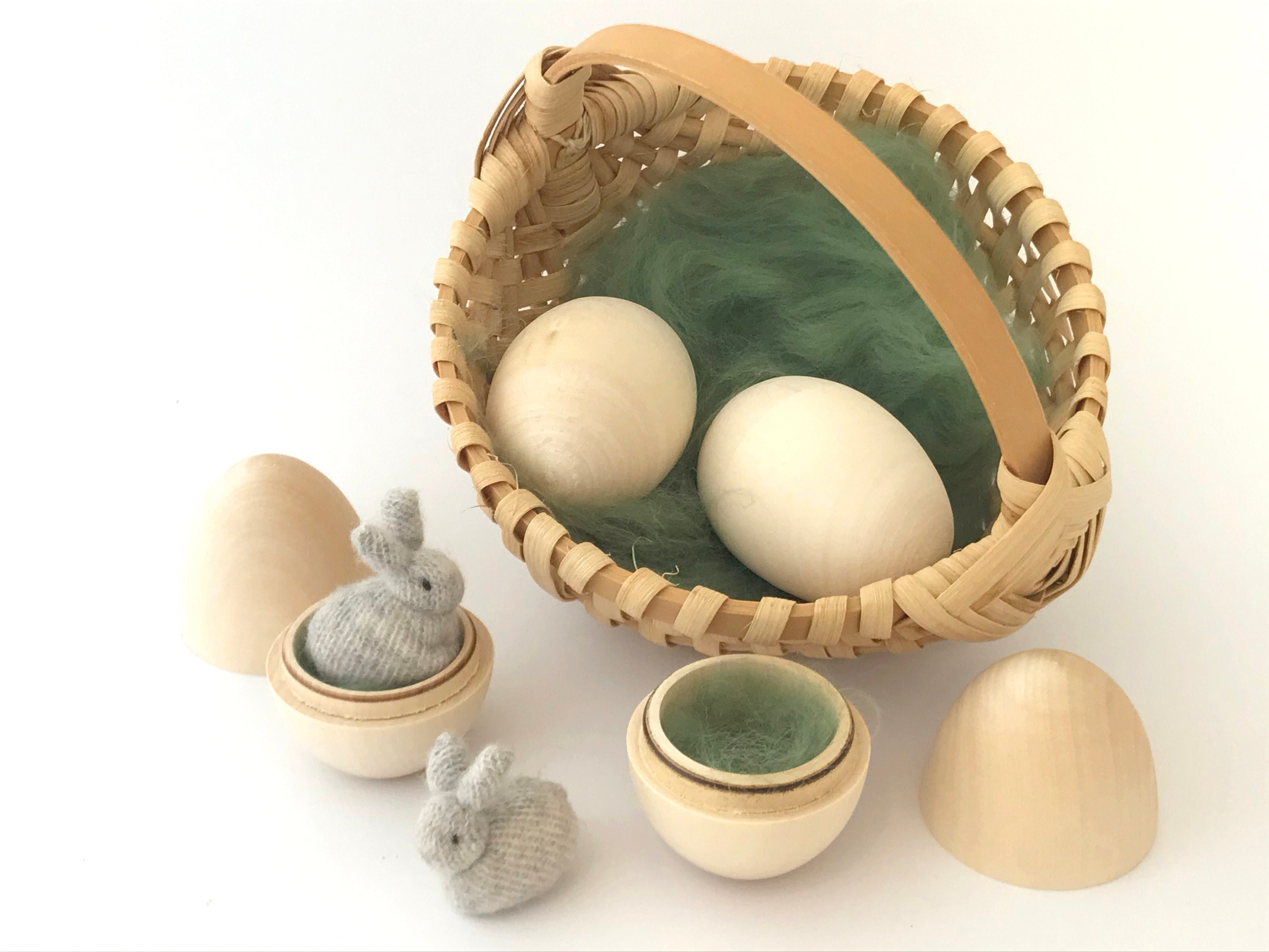 Miniature Cashmere Bunnies in Wooden Eggs, Mini Easter Gift Set, Bunny and Wooden Egg Easter Toys