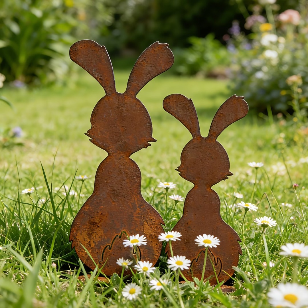 Set of 2 Rustic Metal Bunny Garden Stakes – Farmhouse Easter Yard Decor