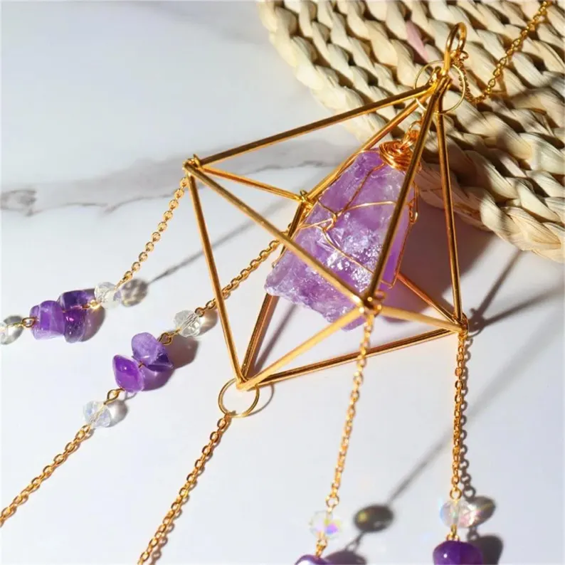🌞💎 Raw Gemstone Rainbow Suncatcher – 🌈 Window & Garden Hanging Charm ✨ Boho Spiritual Decor