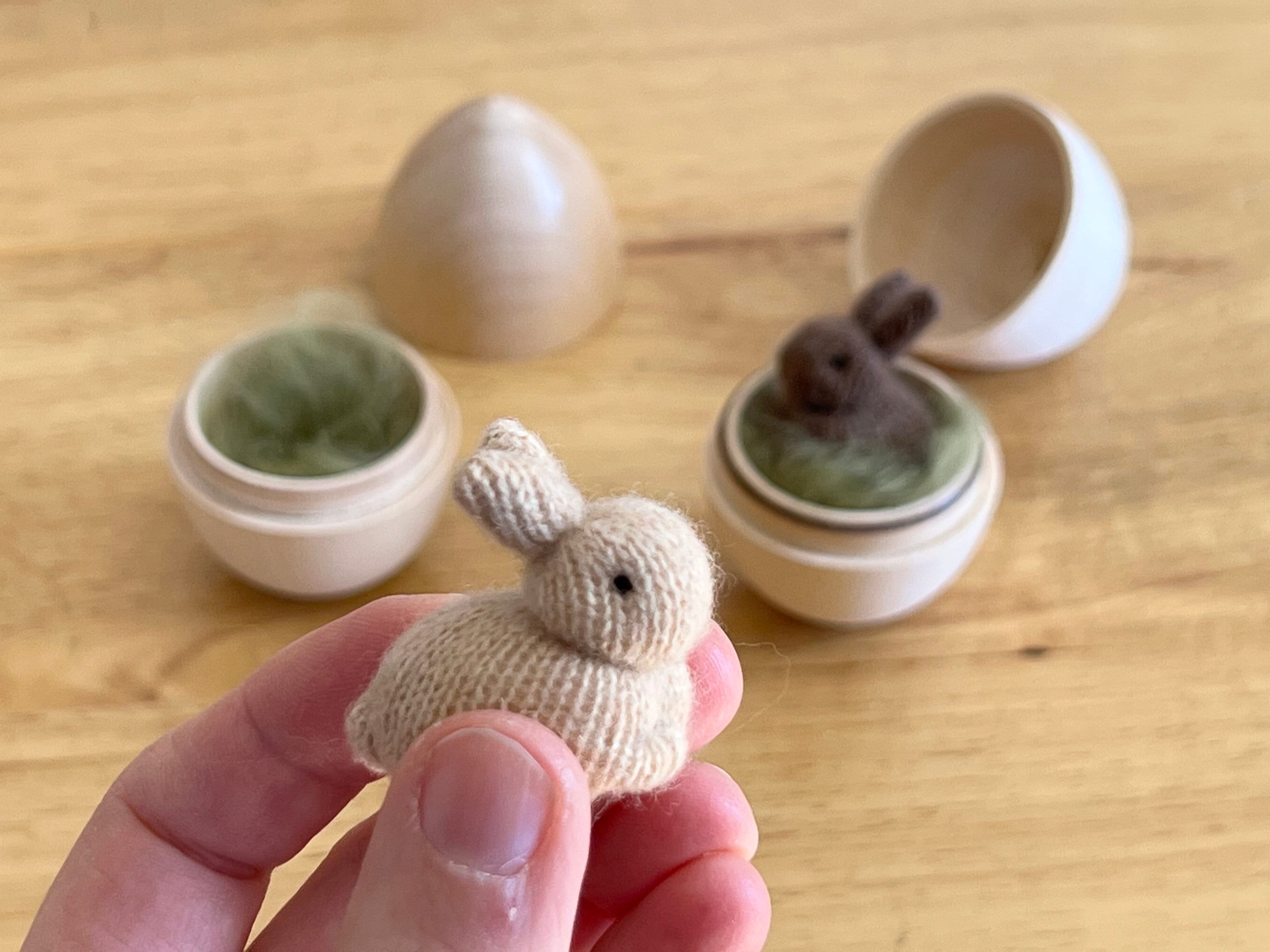 Miniature Cashmere Bunnies in Wooden Eggs, Mini Easter Gift Set, Bunny and Wooden Egg Easter Toys